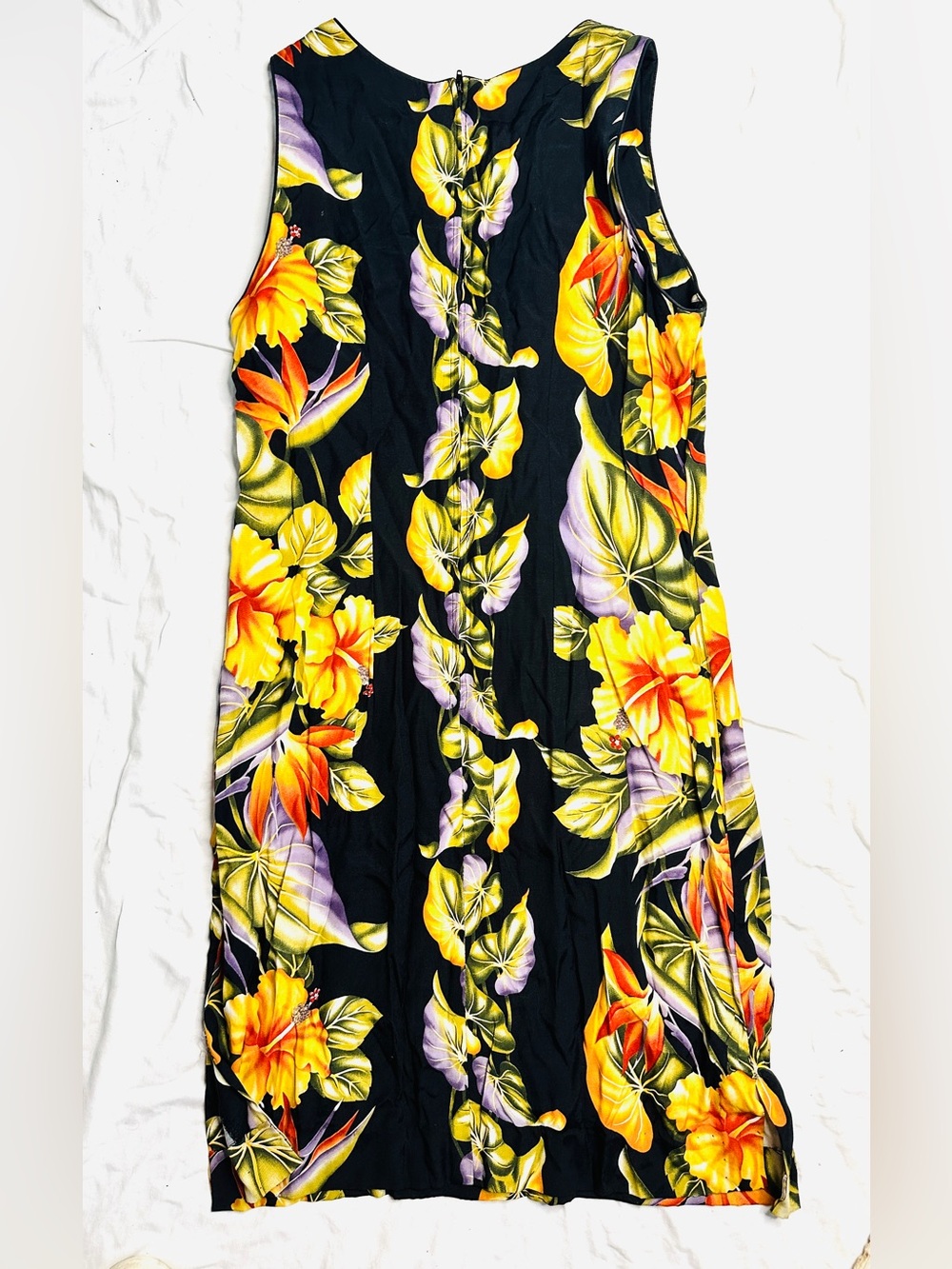 Vintage Iolani Made in Hawaii Tropical Floral Dress Black Aloha Midi Size M